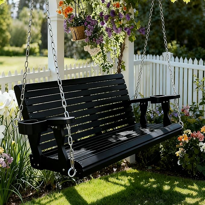 Wooden Porch Swing 2-Seater, High Backrest and Deep Seat, Bench Swing with Cupholders, Hanging Chains and 7mm Springs, Heavy Duty 880 LBS, for Outdoor Patio Garden (Carbon Black - 4 FT Extra Large) FortuneCandy