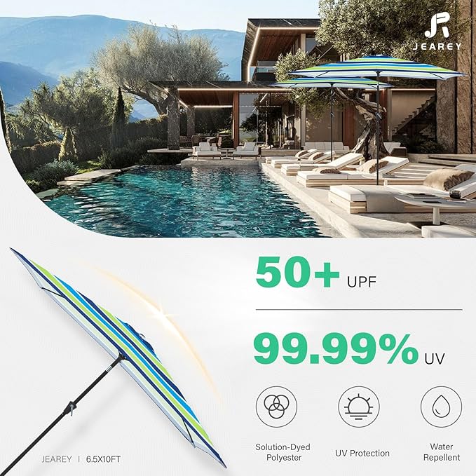 JEAREY 6.5x10 ft Rectangular Patio Umbrellas Rectangle Outdoor Umbrella with Push Button Tilt and Crank, Market Table Umbrella 6 Sturdy Ribs UV Protection for Poolside Garden Backyard Deck, Blue-Green Stripe JEAREYOutdoorsCollection