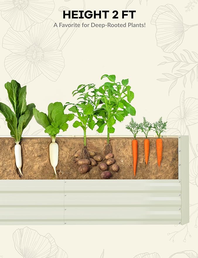 GarveeLife 8x4x2 ft Galvanized Raised Garden Bed, 24" Tall Metal Planter Box for Flowers Vegetables, Rust-Resistant Raised Garden Beds for Gardening, Easy Assembly Outdoor Garden Box & Planters,Beige GarveeLife
