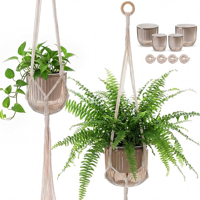 6 Pack Self Watering Hanging Planters Indoor Flower Pots(4.5 +6.5) Visible Water Level Markers 3 Hanging Ropes with Drainage Holes for Indoor Outdoor Garden Home Decor Supplies(Grey) Yiyiring