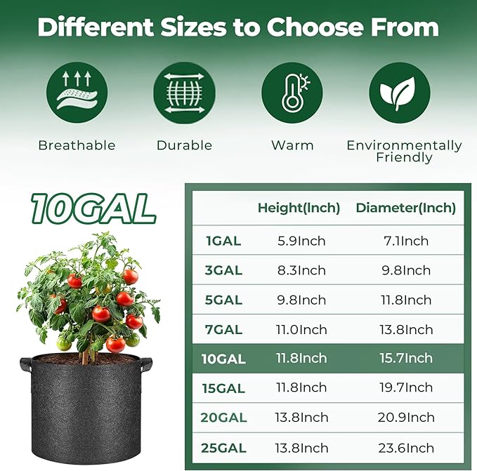 T4U 10 Gallon Grow Bags, Fabric Pots for Plants Potato Planter Grow Garden Bags to Grow Vegetables Tomato Planting Growing Bags Smart Plant Pot Container Gardening for Outdoor, Black Nonwoven 10 Pack T4U