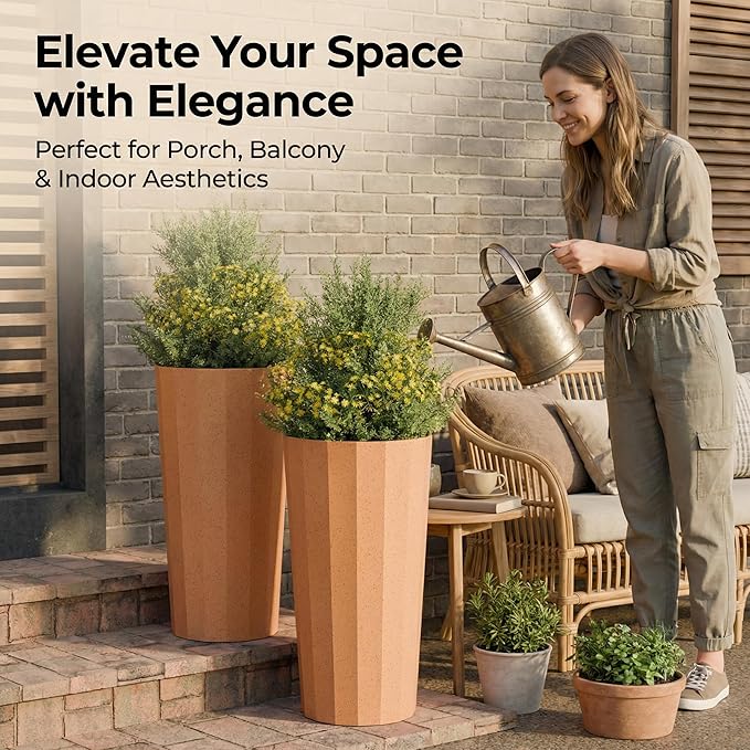 23.6" H Tall Planters for Outdoor Plants, 2 Pack Large Outdoor Planters for Porch Decor with Automatic Drainage Hole, Plastic Stripe Design Flower Pots Fits Indoor Plants Patio Garden, Black Outdoorchairs