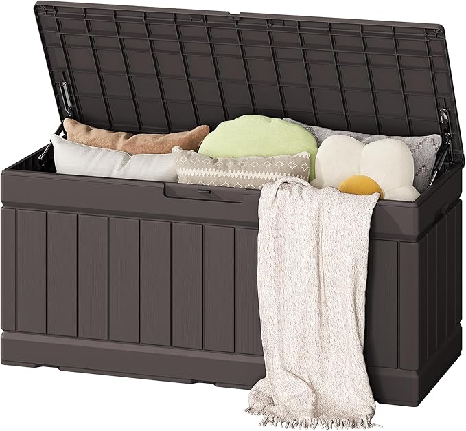 Flamaker Outdoor Storage Box 80 Gallon Resin Waterproof Deck Box Delivery Box with Wood Texture Large Storage Bin for Patio Cushions (Brown) Flamaker
