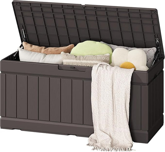 Flamaker Outdoor Storage Box 80 Gallon Resin Waterproof Deck Box Delivery Box with Wood Texture Large Storage Bin for Patio Cushions (Brown) Flamaker