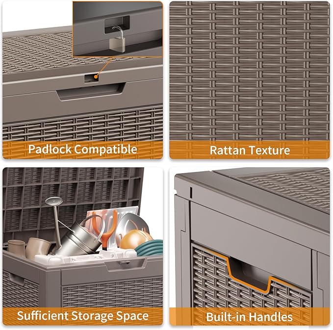 ROJIK Outdoor Storage Housing Deck Box - Waterproof Patio Furniture, Garden Tools, Cushions, Pool Accessories Storage Bench with Lockable Lid and Side Handles (Grey Rattan, 30 Gal) ROJIK