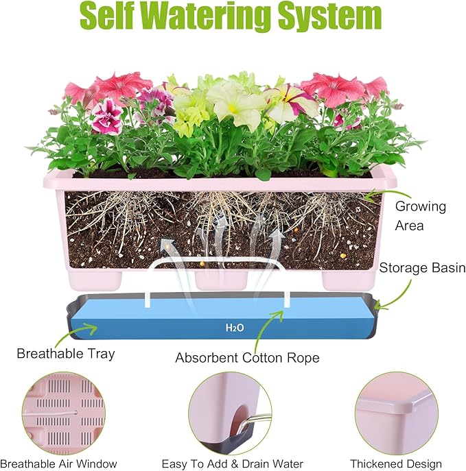 Window Box Planter 8 Pcs, 17 Inches Rectangle Flower Pots with Drainage Holes & Trays, Vegetable Planters for Windowsill Patio Garden Balcony Home Indoor Outdoor (Pink, 16 * 7 * 6 inch) Oliz