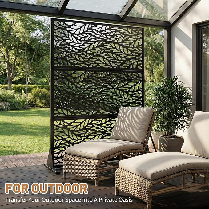 VINGLI Privacy Fence Panels, 72H’’ x 47W’’ Metal Privacy Screen Freestanding, Decorative Privacy Panels for Patio Garden Pool, Outdoor & Indoor (Leaf) VINGLI