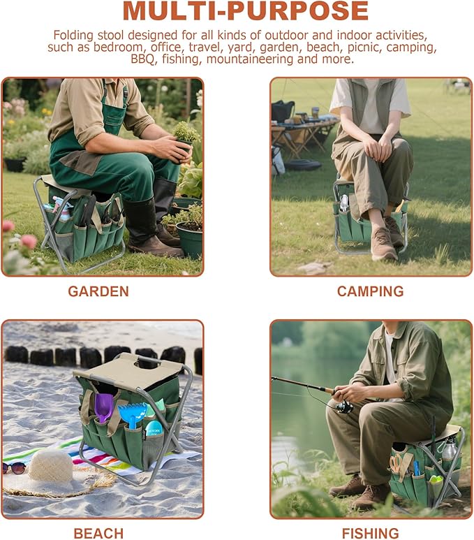 MDSTOP Folding Gardening Stool with Detachable Storage Tote Bag, Gardening Tools Set Organizer for Fishing Outdoor Sports Hiking Camping Garden, Gardening Gifts for Mom/Dad and Gardeners (Polyester) MDSTOP