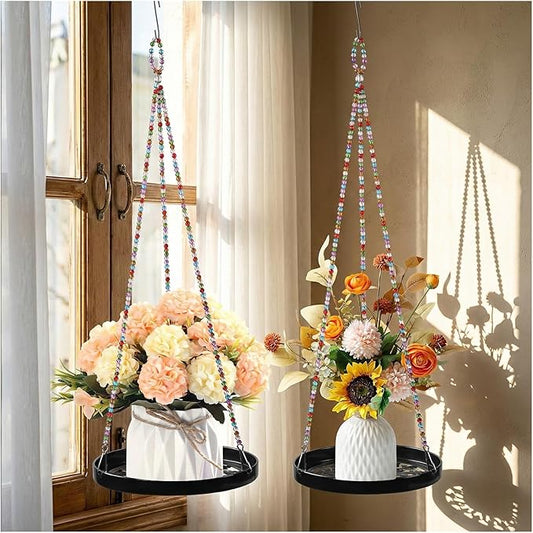 2-Pack Modern Boho Macrame Plant Hanger, 10/11 Inch Metal Hanging Planter Holder for Indoor and Outdoor Home Garden Decor, Black Hanging Plant Shelf for Window, Wall, and Ceiling. (Garden, 10/11) Rootora