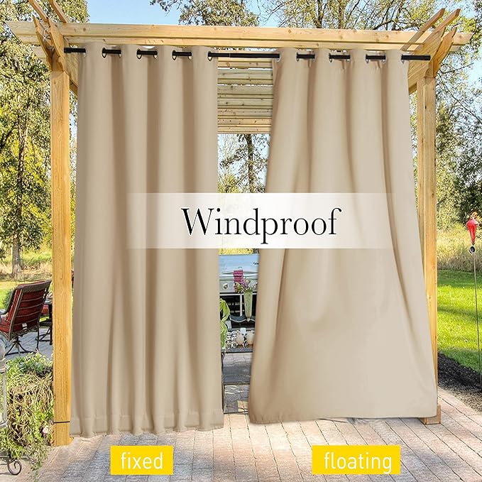 NICETOWN 2 Panels Outdoor Patio Curtains Windproof & Waterproof, Top & Bottom Grommet & Back Tab Light Blocking Drapes Keep Privacy for Yard/Porch with Ropes for Fixed, Biscotti Beige, W46 x L72 NICETOWN