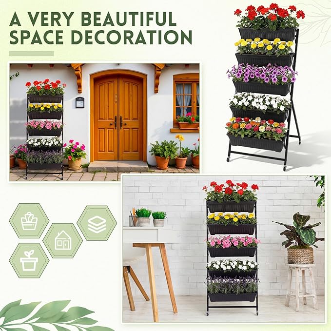 2 Pack 5-Tier Vertical Garden Planter 4.5 ft Tall Raised Garden Bed with Lockable Wheels & Drainage, Removable Elevated Herb Vegetable Flower Planter for Patio Deck Indoor Outdoor(Black) Briwooody