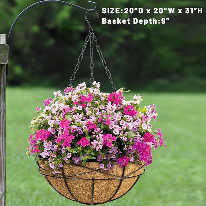 2 Pack 20 Inch Extra Large Deep Hanging Planters for Outdoor Plants Watering Hanging Baskets Flower Pots with Coco Liners Metal Hanging Plant Holder for Porch Balcony Garden Decor KarlliuHOMEGARDEN