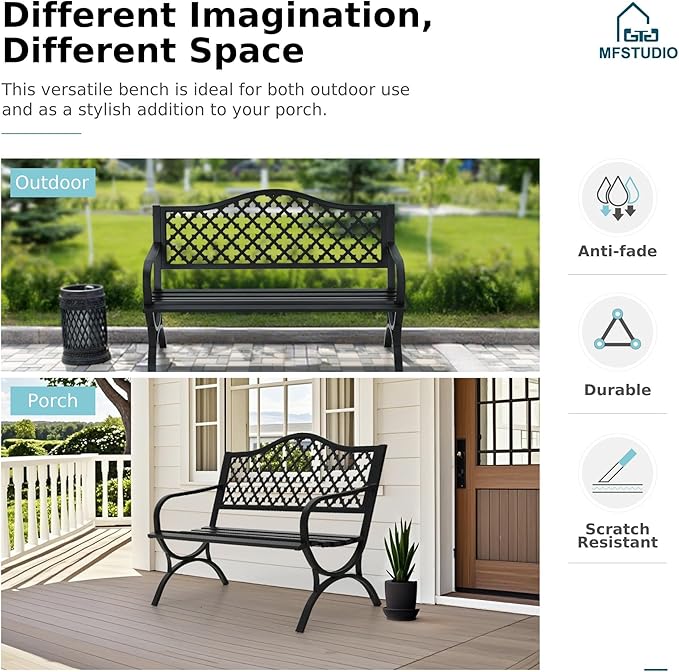 MFSTUDIO 50" Lucky Clover Outdoor Bench, Black Cast Iron Back with Waterproof E-Coating, Durable Patio Garden Bench Park Chair, Black MFSTUDIO