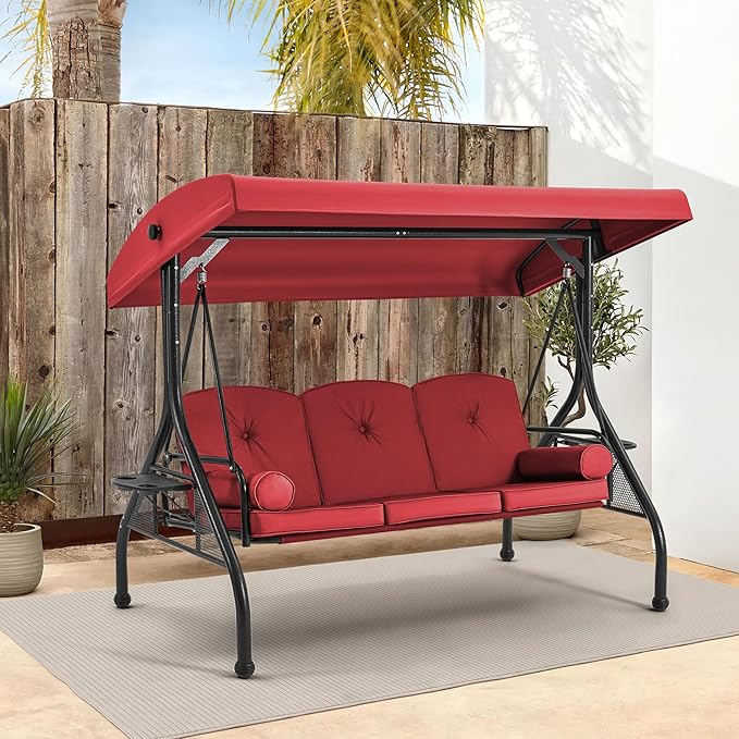 HOMREST 3 Seat Outdoor Porch Swing with Adjustable Canopy, Convertible Patio Swing Bed with Stand, Patio Glider Swing with Upgraded Cup Holder, Thicken Cushions ＆ Pillow for Backyard (Wine Red) HOMREST