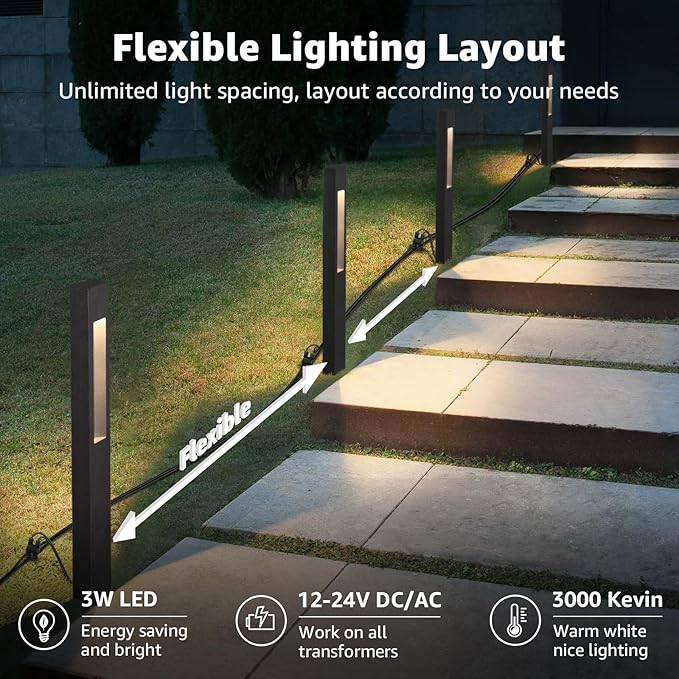SUNVIE All-In-One LED Low Voltage Landscape Lighting Kit, 8-Pack Pathway Lights with Transformer and 100FT 16/2 AWG Wire, 3000K Waterproof Landscape Path Lights with Connectors for Walkway Garden Yard SUNVIE