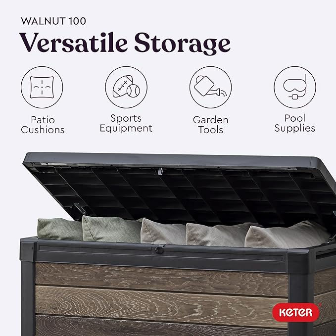 Keter Walnut 100 Gallon Resin Deck Box-Organization and Storage for Patio Furniture Outdoor Cushions, Throw Pillows, Garden Tools and Pool Toys Keter