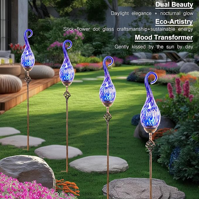 Garden Solar Lights Outdoor, Decorative LED Pearlized Glass Spiral Garden Stake with Finial, Hand Blown Glass and Metal Outdoor Decoration, 3 x 36 Inch (Dark Blue) Rootora