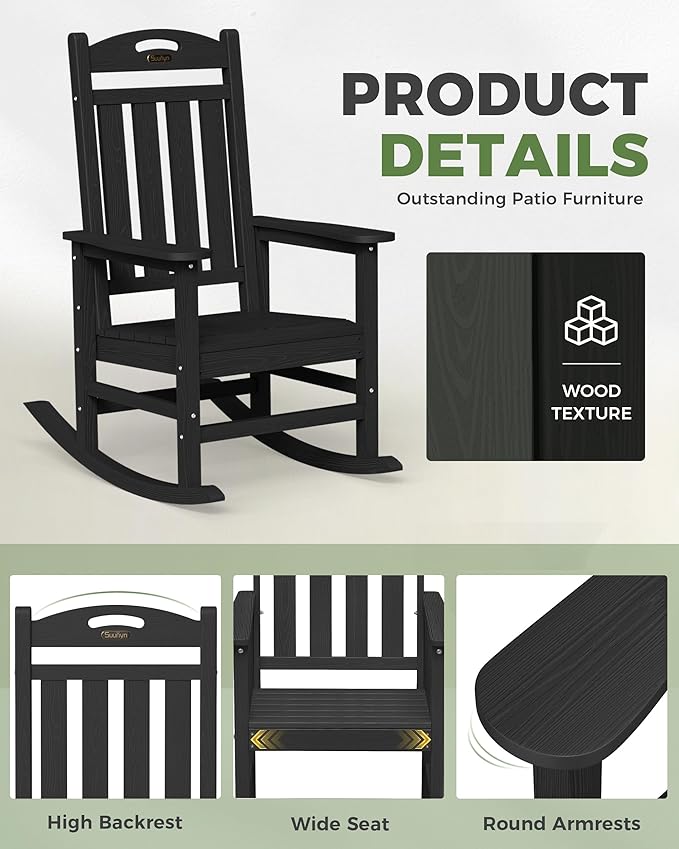 Oversized Outdoor Rocking Chairs Set of 2, High Back Porch Rocking Chair, HDPE All Weather Resistant Rocking Chairs for Patio, 380lbs Weight Capacity, Black Suunyn