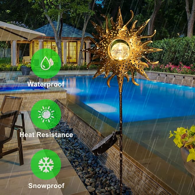 HOMEIMPRO Large Sun Solar Garden Decor Lights Outdoor Garden Gifts Mom Dad, Crackle Glass Metal Stake Backyard Decor, Waterproof LED Lights for Lawn Patio Ornaments, Mothers Day Gifts for Women Homeimpro