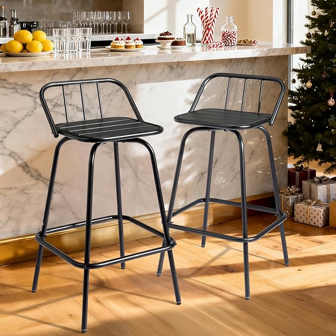 VINGLI 2 PCS Outdoor Swivel Bar Stools, 30 Inch Metal Barstools with Backrest & Footrest, 360° Rotating All-Weather Stools for Garden, Balcony, Kitchen Island (Black) VINGLI