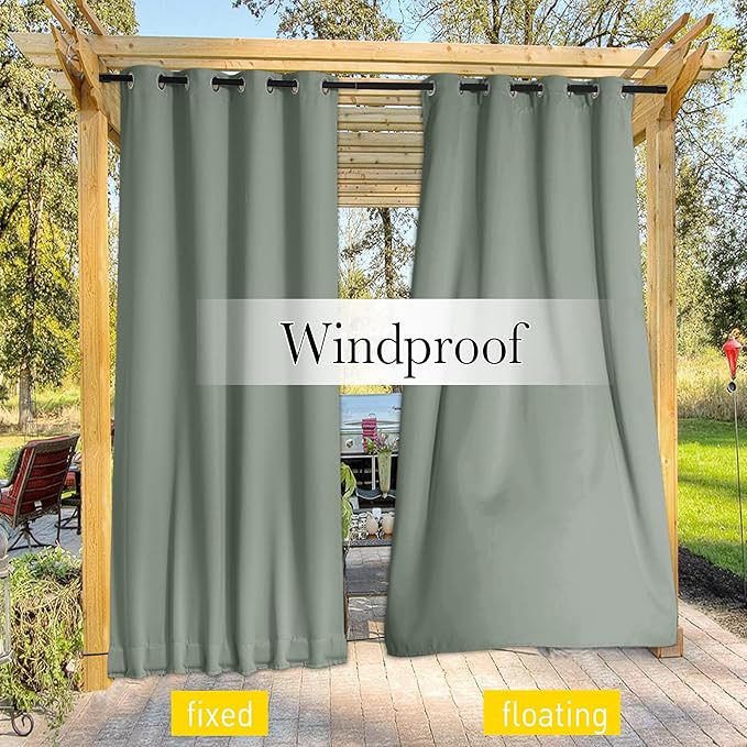 NICETOWN Outdoor Curtains for Patio Waterproof 108 inches Long 2 Panels, Windproof Thermal Insulated Top & Bottom Grommet/Back Tab Privacy Drapes with Rope for Gazebo, Sage Green, W52 x L108 NICETOWN