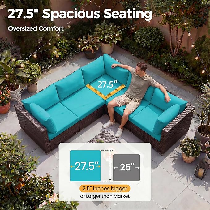 NICESOUL 6 Piece L-Shaped Patio Furniture Set with Fire Pit Table Natural Gas/Propane, 29.3'' High-Back Deep Wide Seat Outdoor Conversations, XL Big Fireplace Couches, Brown Rattan and Teal Cushion NICESOUL