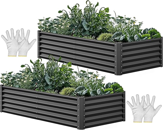 YITAHOME 6x3x1.5 2pcs Large Raised Garden Bed Kit, Galvanized Metal Planter Box with Gloves, Ground Nails, Support Rod, Outdoor Above Ground Planters for Plants Vegetables Flowers, Black YITAHOME