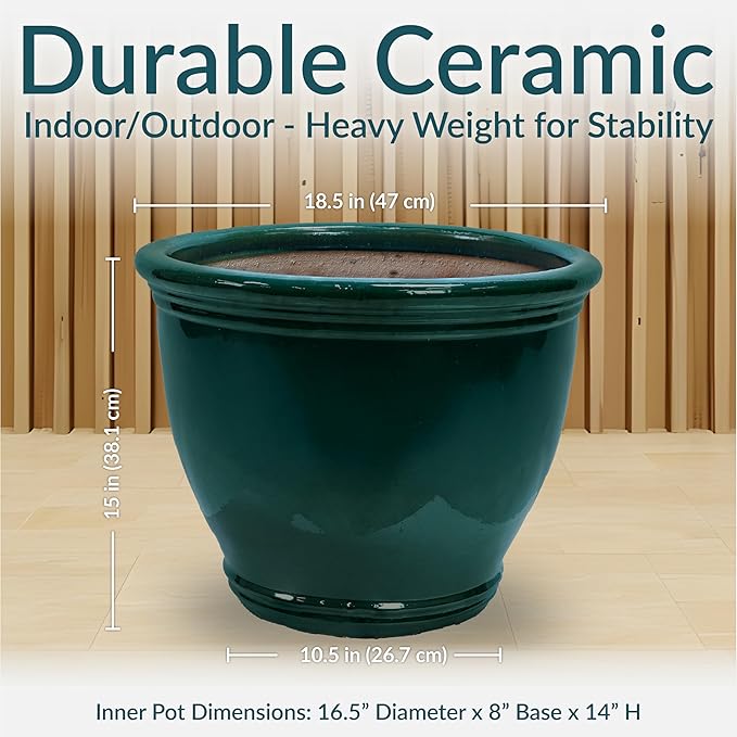 Sunnydaze Large Ceramic Plant Pot - Round Outdoor Glazed Ceramic Planter Pot with Drainage - Studio - Dark Green - 18.5" SunnydazeDecor