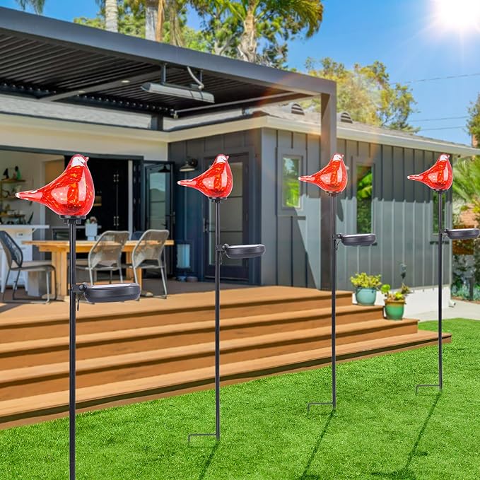 Bshine Solar Garden Decoration Outdoor Red Bird Lights, 2PCS Hand Blown Glass Waterproof Solar Light Stake Decorate Paths, Pathways, Lawns and Yards Art for Mom Bshine