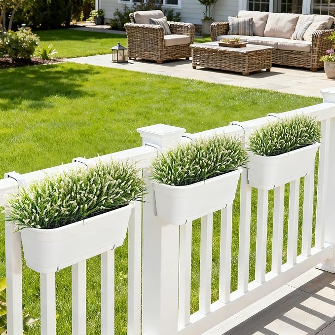 24 Pcs Artificial Faux Plants for Outdoor Spring Decoration, Fake Monkey Grass for Garden Porch Balcony Planters, Fake Greenery Shrubs UV Resistant No Fade Plants Bush for Pathway(White) Ammyoo