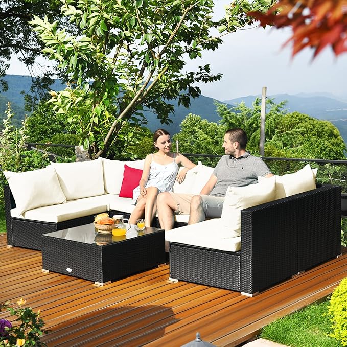 Tangkula 7-Piece Patio Furniture Set, Outdoor Sectional Sofa w/Pillows & Cushions, Wicker Conversation Set with Coffee Table & Tea Table for Garden & Lawn (Beige) TANGKULA