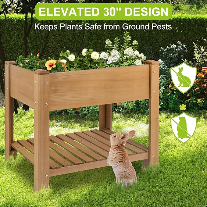 Raised Garden Bed with Legs - Elevated Wooden Planter Box, Durable Fir Wood, Reinforced Frame with Drainage Holes, Liner, and Storage Shelf for Vegetables, Herbs, Flowers, 33.5" x 18" x 30" Ketive