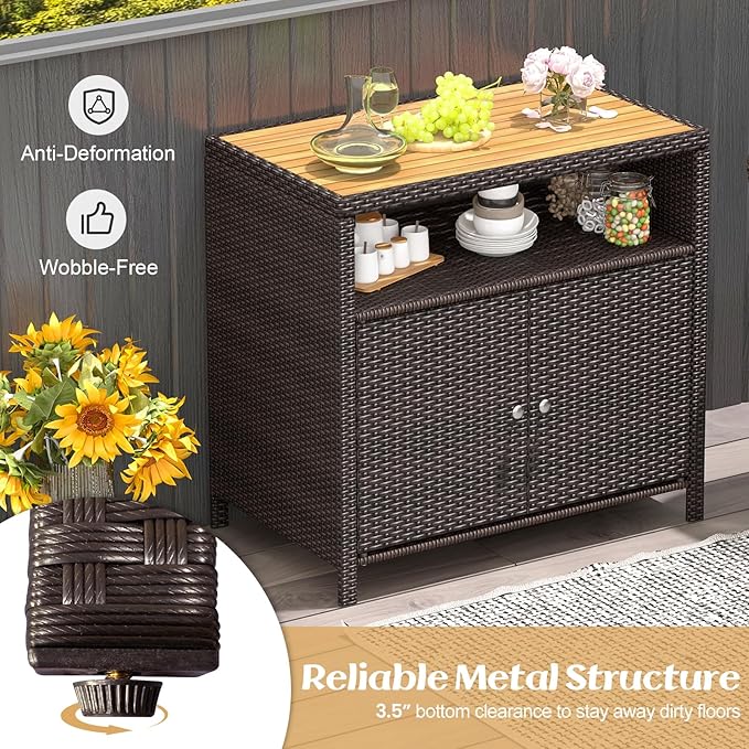 Tangkula Rattan Outdoor Storage Cabinet, Patiojoy Outdoor Cabinet with Acacia Wood Countertop, Open Compartment, 2-Door Wicker Sideboard, Outdoor Bar for Patio Garden Backyard Poolside (Mix Brown) TANGKULA