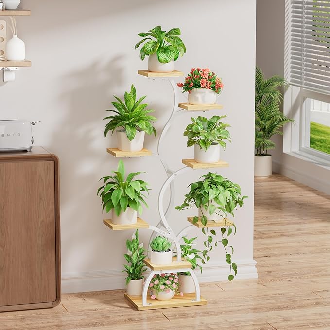 Plant Stand Indoor with Grow Light - 8 Tiered Plant Shelf Indoor, Corner Plant Stand, 49" Tall Plant Shelf with Lights for Indoor Growing, Lighted Flower Holder for Living Room, Balcony (White) EVAWOO