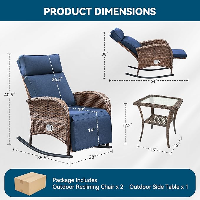 3 Pieces Zero Gravity Wicker Patio Rocking Recliner Chairs Set of 2 - Wicker Outdoor Lounge Chair with Side Table, Adjustable Backrest & Footrest, High Back Outdoor Recliner Chair for Pool Deck Blue JelwalyPatioFurnitureSet