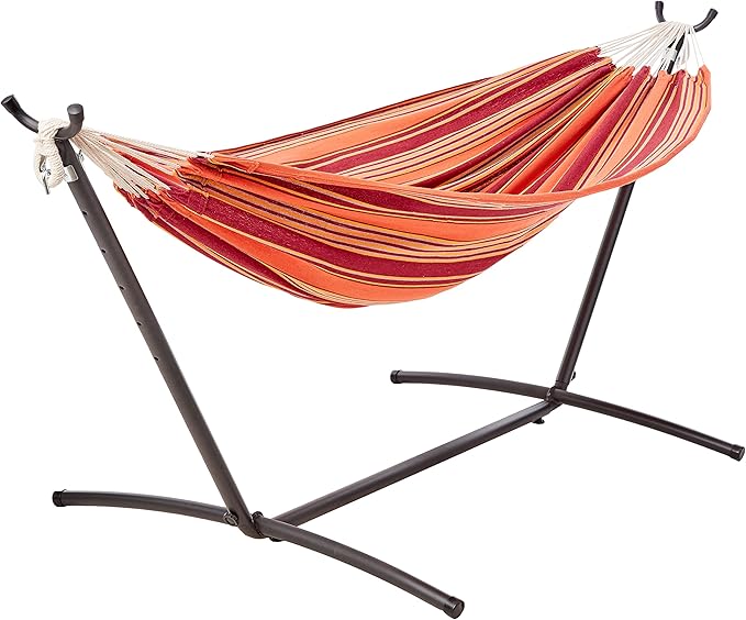 Amazon Basics Double Hammock with 9-Foot Space Saving Steel Stand and Carrying Case, 2 Person, 450 lb Capacity, Sunset Orange Stripe, 110" x 47" x 43", Outdoor AmazonBasics
