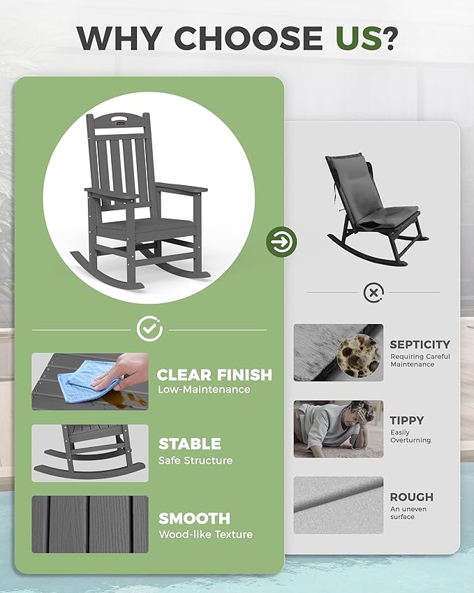 Oversized Outdoor Rocking Chair, HDPE All Weather Resistant Patio Rocking Chair, High Back Porch Rocking Chair, 380lbs Weight Capacity, Dark Grey Suunyn