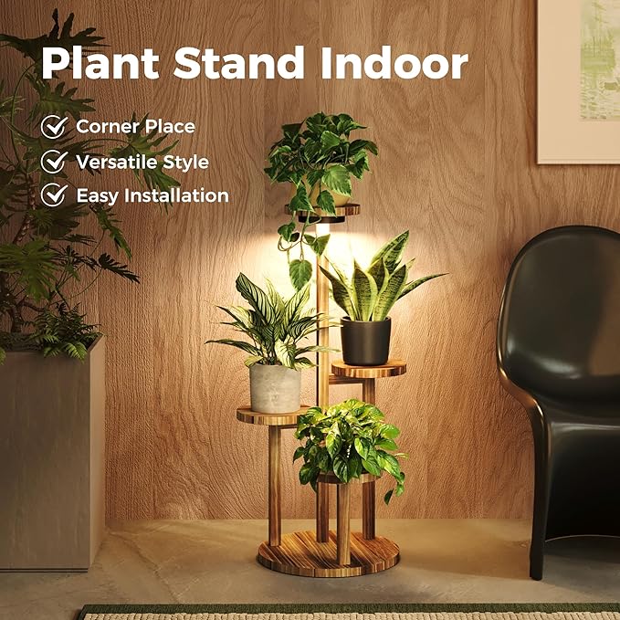Bamworld Plant Stand Indoor with Grow Lights Plant Shelf 4 Tier Wood Plant Stand for Multiple Plants Tall Corner Plant Stands for Outdoor Round Flower Stand Plant Holder for Living Room Patio Garden Balcony Bamworld