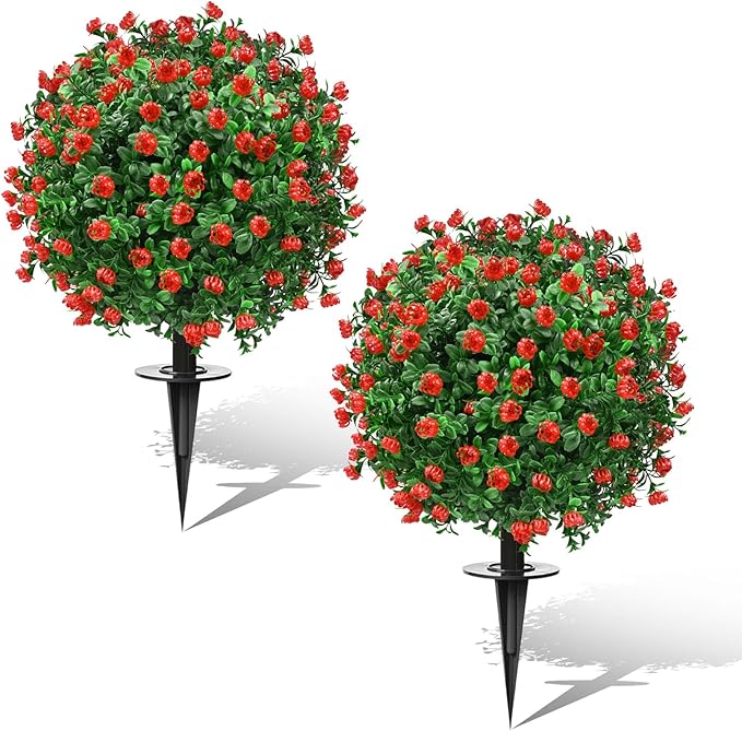 Artificial Topiary Bushes for Outdoors with Spike, Boxwood Ball Fake Shrubs UV Resistant Faux Plants for Indoor Outdoor Fall Thanksgiving Halloween Decor (Artificial Boxwood Ball Bush-Red) FAJUNZH