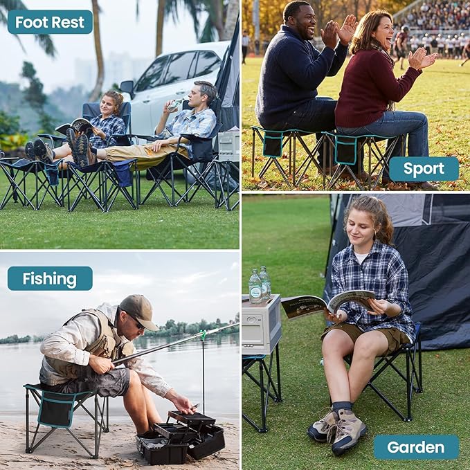 FUNDANGO Oversized Camping Stool for Adults,Thick Padded 18.1 Inch Folding Ottoman Foot Rest, 440 Lbs Heavy Duty Outdoor Camp Chairs with Anti-Slip Foots & Carry Bag for Fishing Travel (Blue) FUNDANGO