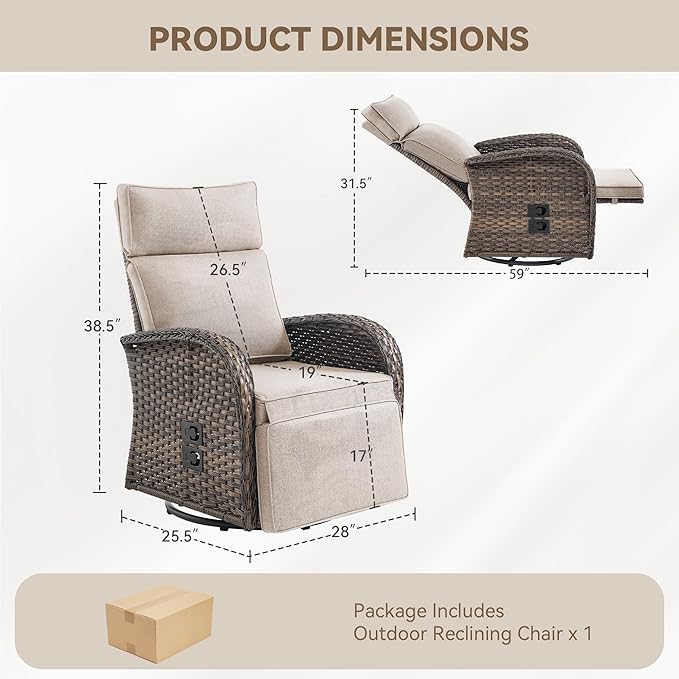 Zero Gravity Patio Swivel Rocking Recliner Chair - Wicker Outdoor Lounge Chair with Adjustable Backrest & Footrest, All Weather Reclining Rocker Chairs with Thick Cushion for Pool Deck Beige JelwalyPatioFurnitureSet