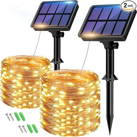 btfarm 2 Pack Solar String Lights Outdoor, 66FT 160LED Solar Fairy Lights Outside Waterproof 8 Modes, Copper Wire Solar Powered Twinkle Light for Garden Tree Christmas Wedding Party,Warm White btfarmdecorativelighting
