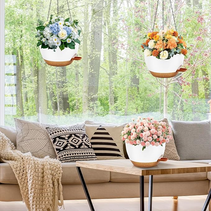 10 inch Hanging Planters for Indoor Plants, 3 Pack Self-Watering Hanging Planter Pots with Chain and Drainage Holes, Outdoor Hanging Baskets for Garden Home Decor (White With Brown, 3pcs/10inch) Rootora