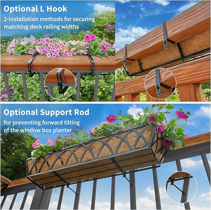 Y&M 30 Inch Window Deck with Coco Liner, Fence Metal Hanging Flower Planter Basket Deck Railing Planter Boxes for Outdoor Garden Lawn, 30" Window Boxes Horse Trough with Coconut Coir Liner,4pcs YM