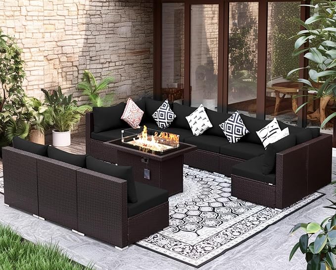NICESOUL 11 Piece L-Shaped Outdoor Patio Furniture Set with Fire Pit Natural Gas/Propane, 29.3'' High Back Conversation Set, Extra Large Deep Couch Sofa Sectional Sets, Brown Rattan and Black Cushion NICESOUL