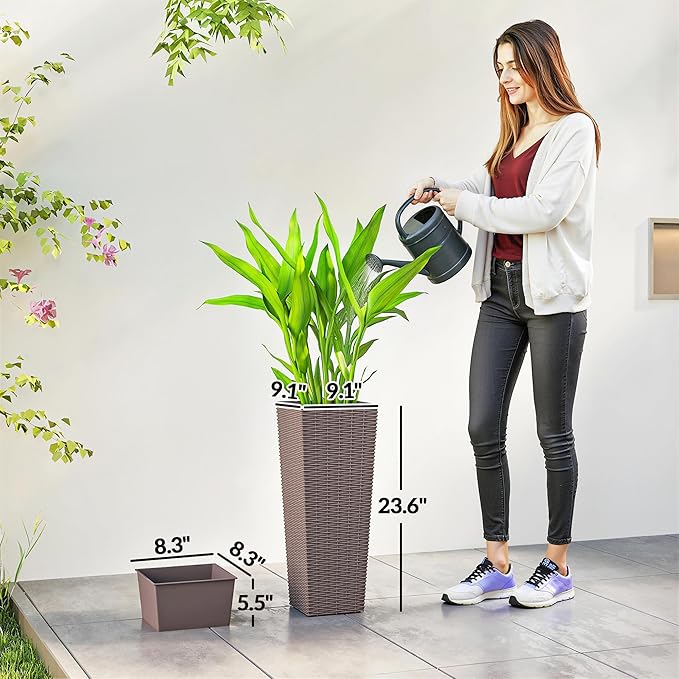 Outsunny 23.6 Inch Tall Planters for Outdoor Plants, Set of 2 Plastic Rattan-Like Flower Pots with Drainage Holes, Stackable Tapered Planters for Indoor Plants, Front Porch, Brown Outsunny