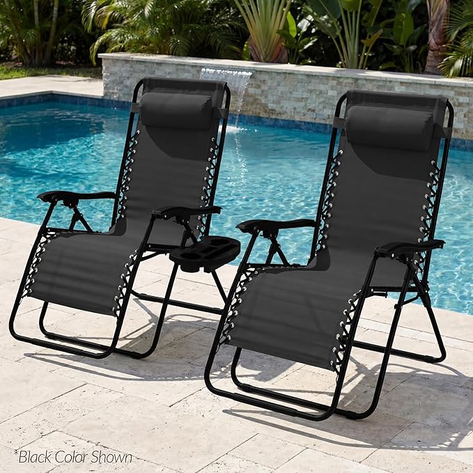 Best Choice Products Set of 2 Extra Wide Adjustable Steel Mesh Zero Gravity Lounge Chair Recliners w/Pillows and Cup Holder Trays - Black Stripes BestChoiceProducts