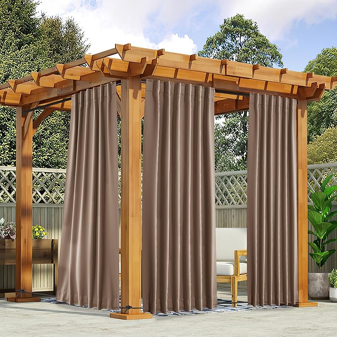 NICETOWN 2 Panels Outdoor Curtains for Patio Waterproof Top & Bottom Pocket & Back Tab, Blackout Outdoor Drapes with Rope for Fixed Windproof Keep Privacy & Warm for Porch, W52 x L95, Tan-Khaki NICETOWN