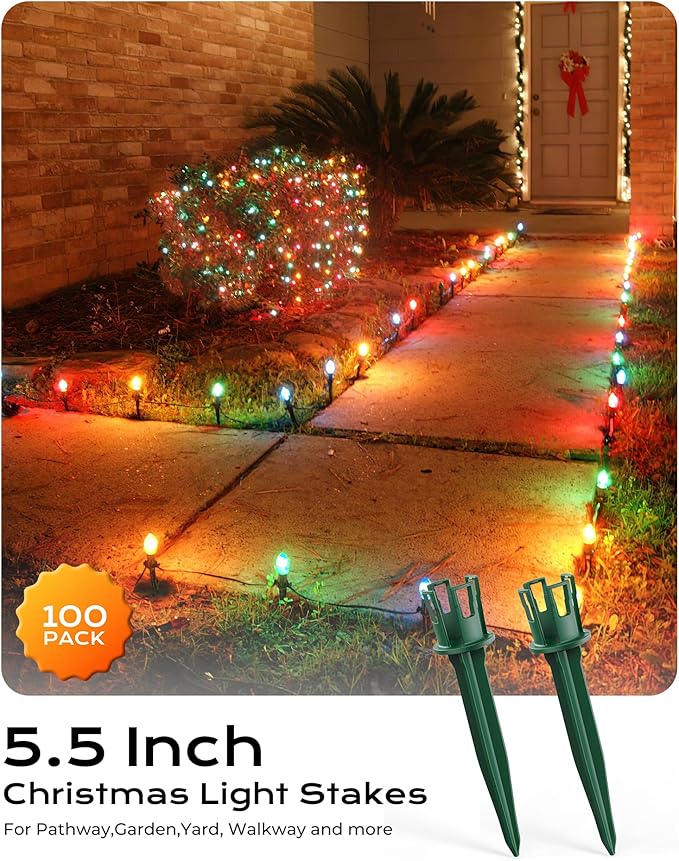100-Pack Plastic Light Stakes, 5.5 Inch Christmas Yard Stakes for C7 C9 Christmas Lights Outdoor, Universal Light Stakes for Outdoor Holiday Lights, Green Minetom