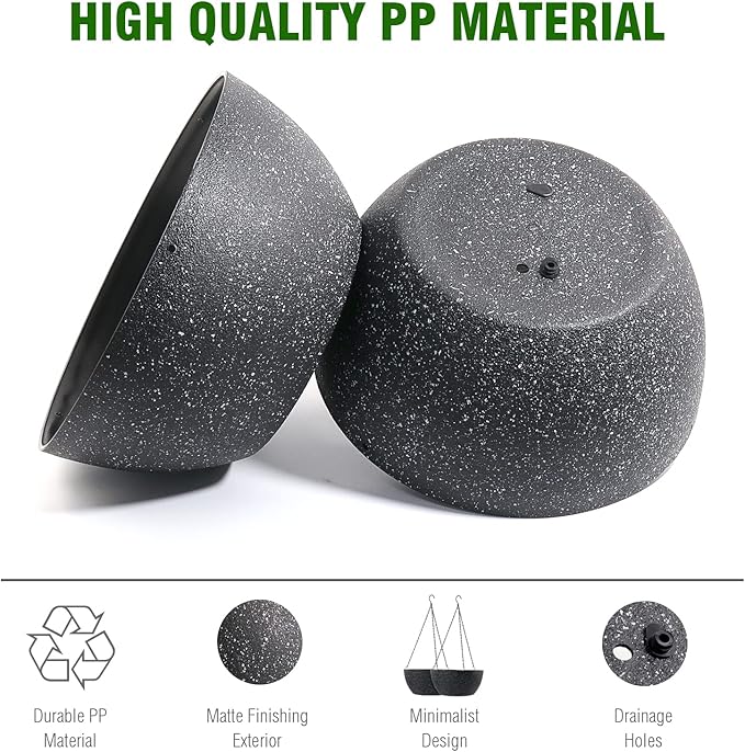 WOUSIWER 13 inch 2Pack Large Hanging Planters for Outdoor Indoor Plants with Drainage Holes and Chain, Round Hanging Flower Pots for Garden Home Porch Decor, Black Speckles WOUSIWER